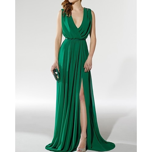 

A-Line Empire Sexy Wedding Guest Formal Evening Dress V Neck Sleeveless Sweep / Brush Train Chiffon with Pleats Slit 2022