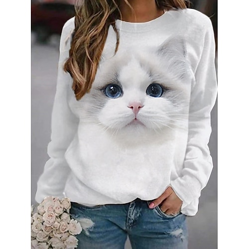Women's Hoodie Sweatshirt Cat Graphic 3D Print Daily 3D Print Basic Casual Hoodies Sweatshirts  Gray Brown White