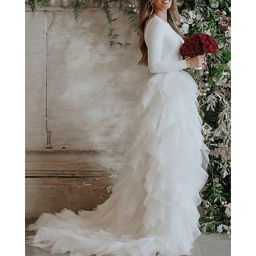 

Princess A-Line Wedding Dresses Jewel Neck Sweep / Brush Train Tulle Stretch Fabric Long Sleeve Country Romantic with Cascading Ruffles 2022