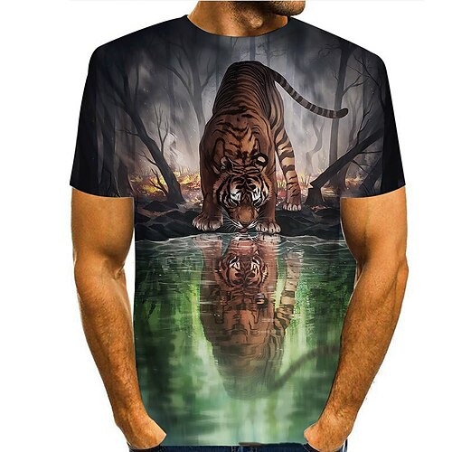 

Men's Unisex T shirt Tee Tee Graphic Tiger 3D Round Neck Green 3D Print Casual Daily Short Sleeve Print Clothing Apparel Basic Designer Simple Classic / Summer / Summer