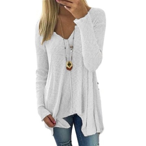 

Women's Pullover Sweater Jumper Knit Long Thin Solid Colored Deep V Casual Fall Spring White Black S M L / Long Sleeve / Regular Fit