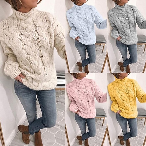 

Women's Pullover Sweater Knitted Solid Color Basic Casual Chunky Cable Knit Long Sleeve Sweater Turtleneck Fall Winter Yellow Blushing Pink Gray