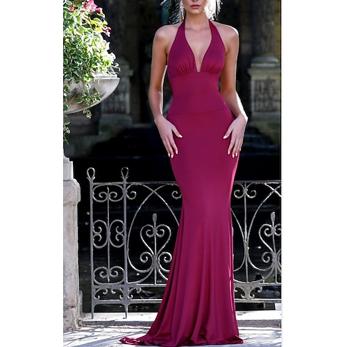 

Mermaid / Trumpet Evening Dresses Beautiful Back Dress Wedding Guest Sweep / Brush Train Sleeveless Halter Neck Spandex with Bow(s) 2022 / Formal Evening