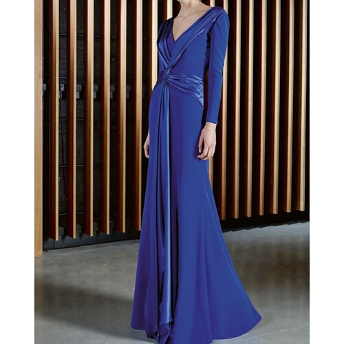 

Sheath / Column Evening Dresses Minimalist Dress Wedding Guest Floor Length Long Sleeve V Neck Chiffon with Sash / Ribbon 2022 / Formal Evening