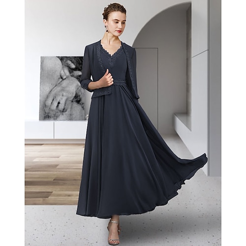 

Two Piece A-Line Mother of the Bride Dress Elegant V Neck Ankle Length Chiffon Lace Sleeveless with Sash / Ribbon Pleats 2022