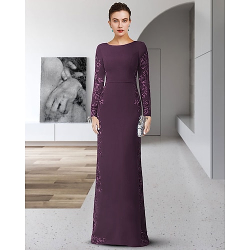 

Sheath / Column Mother of the Bride Dress Elegant Jewel Neck Floor Length Chiffon Lace Long Sleeve with Sash / Ribbon Appliques 2022