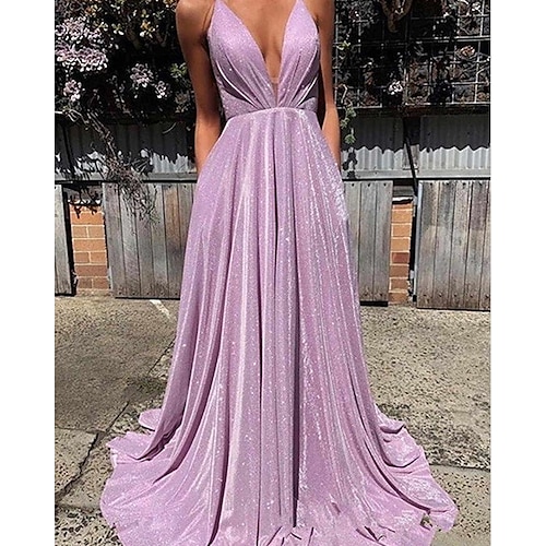 

A-Line Evening Dresses Beautiful Back Dress Wedding Guest Sweep / Brush Train Sleeveless V Neck Sequined with Pleats 2022 / Formal Evening