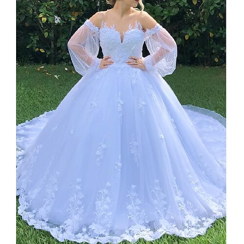 

Ball Gown Wedding Dresses Jewel Neck Sweep / Brush Train Lace Long Sleeve Formal Romantic with Appliques 2022