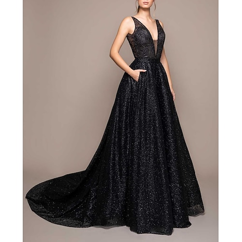 

A-Line Evening Dresses Beautiful Back Dress Engagement Court Train Sleeveless V Neck Sequined with Sequin 2022 / Formal Evening