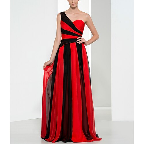 

Sheath / Column Color Block Sexy Wedding Guest Formal Evening Dress One Shoulder Sleeveless Floor Length Chiffon with Pleats 2022