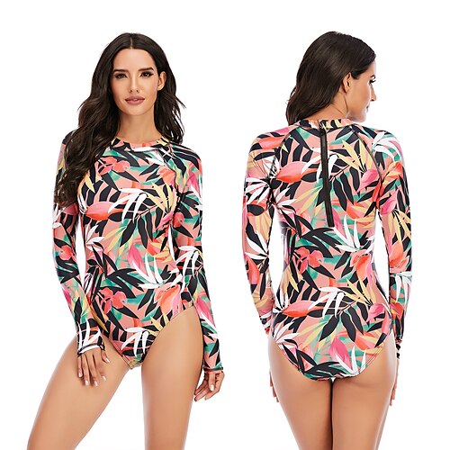 

Women's Rash Guard One Piece Swimsuit UV Sun Protection UPF50 Breathable Long Sleeve Bodysuit Bathing Suit Back Zip Swimming Surfing Beach Water Sports Floral Autumn / Fall Spring Summer / Stretchy