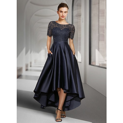 

A-Line Mother of the Bride Dress Elegant Jewel Neck Asymmetrical Satin Lace Short Sleeve with Pleats 2022 / Illusion Sleeve