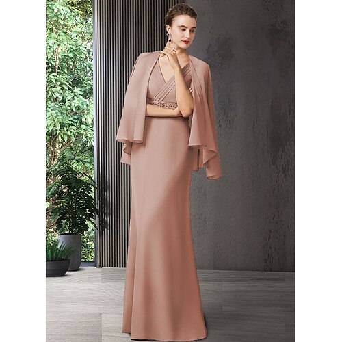 

Two Piece Sheath / Column Mother of the Bride Dress Elegant V Neck Floor Length Chiffon Sleeveless with Sash / Ribbon 2022