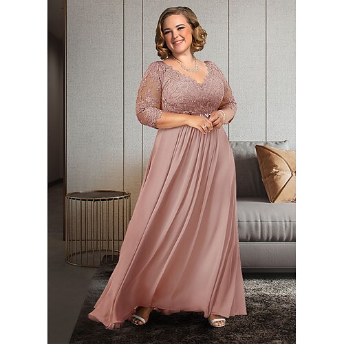 

A-Line Mother of the Bride Dress Plus Size Elegant V Neck Ankle Length Chiffon Lace 3/4 Length Sleeve with Pleats Appliques Crystal Brooch 2022