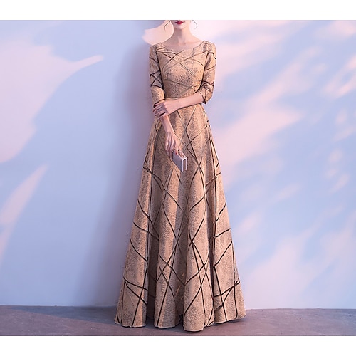 

A-Line Sheath / Column Mother of the Bride Dress Vintage Elegant Jewel Neck Floor Length Lace 3/4 Length Sleeve with Sash / Ribbon Pleats 2022
