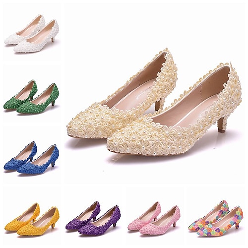 

Women's Wedding Shoes Party & Evening Office & Career Wedding Heels Bridal Shoes Bridesmaid Shoes Pearl Satin Flower Lace Pumps Pointed Toe Business Sexy Minimalism PU Loafer Color Block Solid Colored