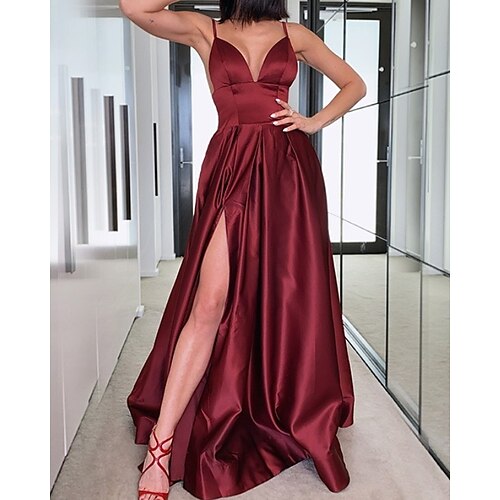 

A-Line Beautiful Back Sexy High Split Wedding Guest Formal Evening Dress V Neck Sleeveless Floor Length Satin with Slit 2022