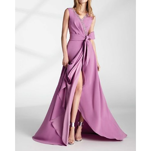 

A-Line Evening Dresses Elegant Dress Wedding Guest Floor Length Sleeveless V Neck Chiffon with Sash / Ribbon Slit 2022 / Formal Evening