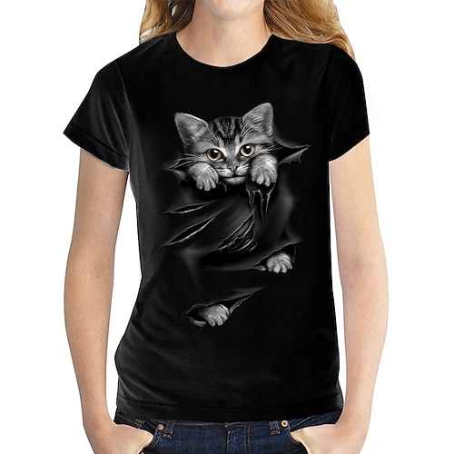 

Women's T shirt Tee White Black Graphic Cat Print Short Sleeve Daily Basic Round Neck Regular 100% Cotton 3D Cat S