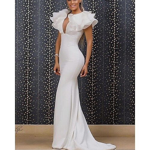 

Mermaid / Trumpet Minimalist Sexy Engagement Formal Evening Dress V Neck Short Sleeve Sweep / Brush Train Organza with Sleek 2022