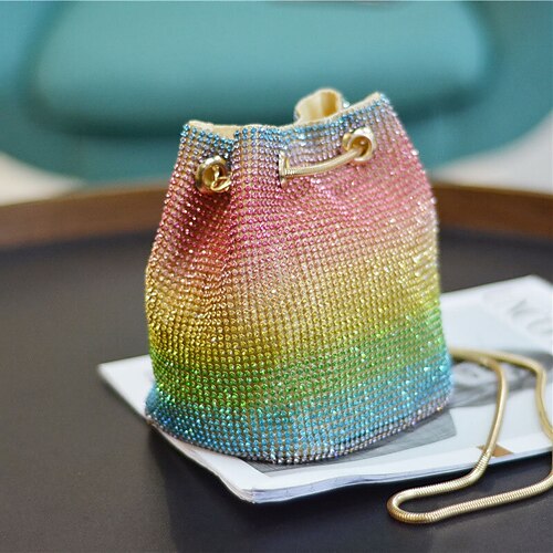 

women rhinestone rainbow contrast color personality unique chain bucket bag shoulder bag cross body bag