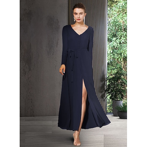 

Sheath / Column Mother of the Bride Dress Elegant V Neck Ankle Length Chiffon Long Sleeve with Bow(s) Split Front 2022