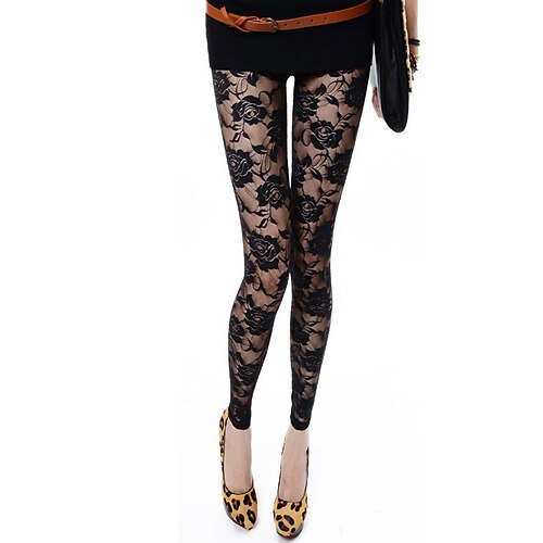 

Women's Leggings White Black Mid Waist Sexy Casual Lace Micro-elastic Ankle-Length Comfort Floral One-Size / Slim