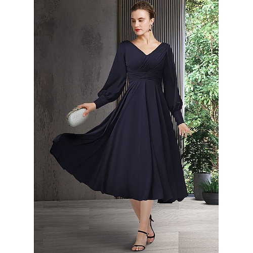 

A-Line Mother of the Bride Dress Elegant V Neck Tea Length Chiffon Short Sleeve Long Sleeve with Pleats Ruching 2022