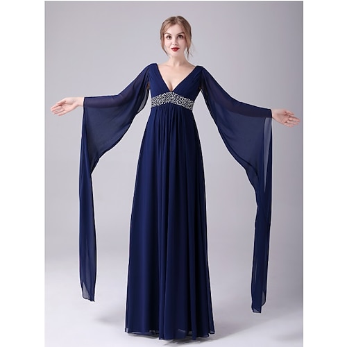 

A-Line Mother of the Bride Dress Elegant Sweet V Neck Floor Length Chiffon Long Sleeve with Beading 2022 / Bell Sleeve