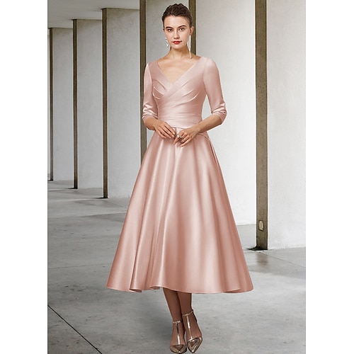 

A-Line Mother of the Bride Dress Elegant V Neck Tea Length Satin Half Sleeve with Pleats Ruching 2022