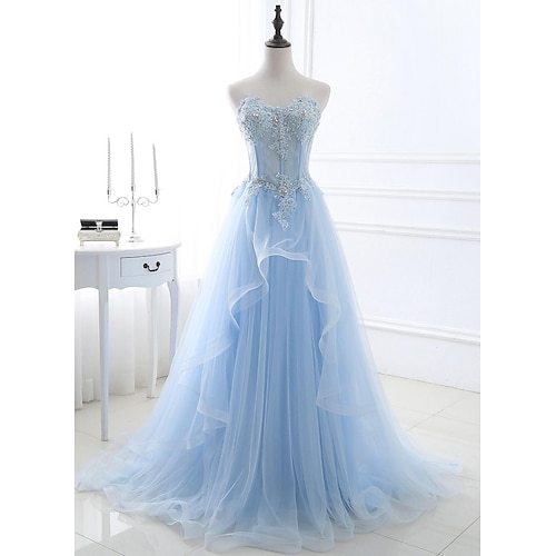 

A-Line Sexy Floral Engagement Prom Birthday Dress Strapless Sleeveless Sweep / Brush Train Lace with Pleats Lace Insert 2022