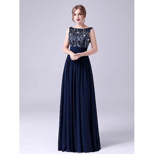 

A-Line Mother of the Bride Dress Elegant Jewel Neck Floor Length Chiffon Sleeveless with Bow(s) Crystals Beading 2022