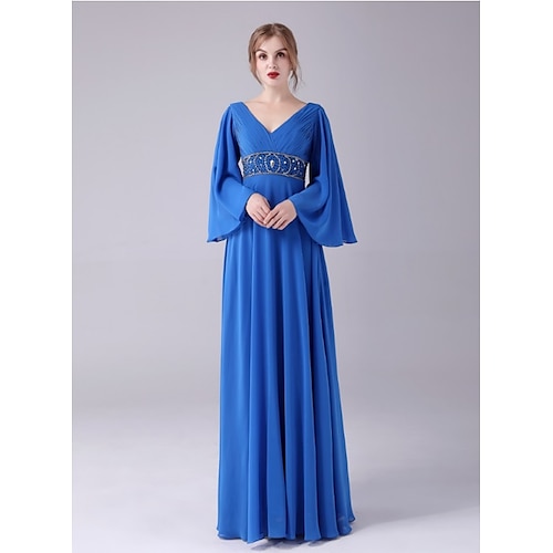 

A-Line Mother of the Bride Dress Plus Size Elegant V Neck Floor Length Chiffon 3/4 Length Sleeve with Beading Ruching 2022 / Bell Sleeve
