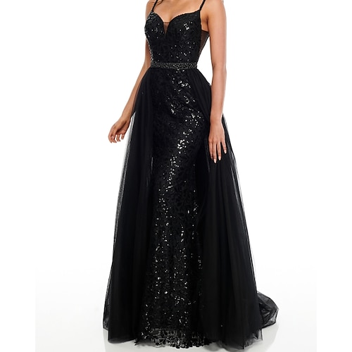 

Mermaid / Trumpet Evening Dresses Beautiful Back Dress Engagement Detachable Sleeveless Spaghetti Strap Sequined with Overskirt 2022 / Formal Evening