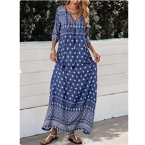 

Women's Plus Size Curve Print Tassel Fringe Patchwork Casual 3/4 Length Sleeve Spring & Summer Maxi long Dress Shift Dress
