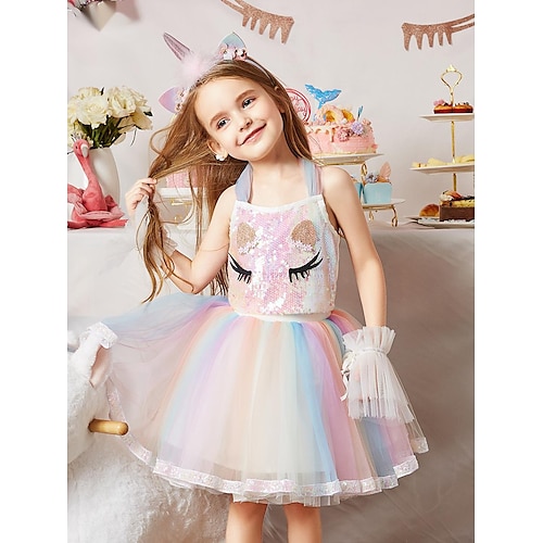 

Kids Girls' Unicorn Rainbow Tulle Dress Party Birthday Dress Casual Sequins Mesh Print Rainbow Knee-length Short Sleeve Active Fashion Cute Dresses Regular Fit / Sweet