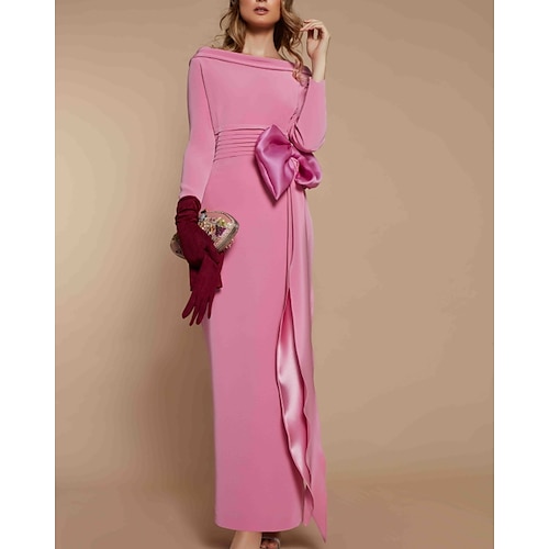 

Sheath / Column Minimalist Elegant Wedding Guest Formal Evening Dress Boat Neck Long Sleeve Floor Length Stretch Fabric with Bow(s) 2022