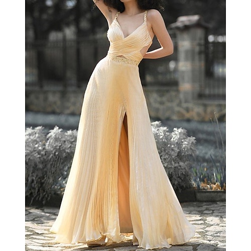 

A-Line Evening Dresses Cut Out Dress Wedding Guest Floor Length Sleeveless V Neck Chiffon with Pleats Ruched Slit 2022 / Formal Evening