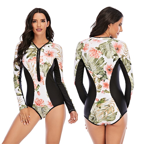 

Women's Rash Guard One Piece Swimsuit UV Sun Protection UPF50 Breathable Long Sleeve Bodysuit Bathing Suit Front Zip V Neck Swimming Surfing Beach Water Sports Floral Autumn / Fall Spring Summer