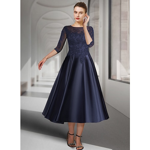

A-Line Mother of the Bride Dress Elegant Jewel Neck Tea Length Satin Lace 3/4 Length Sleeve with Pleats Appliques 2022 / Illusion Sleeve