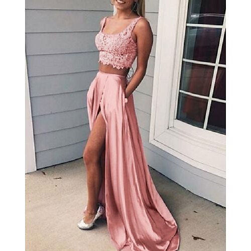 

Two Piece Hot Sexy Wedding Guest Prom Dress Scoop Neck Sleeveless Sweep / Brush Train Satin with Slit Lace Insert 2022