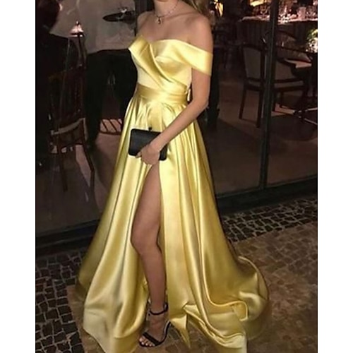 

A-Line Evening Dresses Minimalist Dress Wedding Guest Sweep / Brush Train Sleeveless V Neck Satin with Slit 2022 / Formal Evening