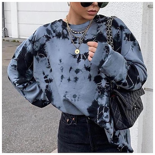 

Women's Hoodie Sweatshirt Pullover Basic Oversized Blue Tie Dye Oversized Casual Round Neck Long Sleeve S M L XL 2XL