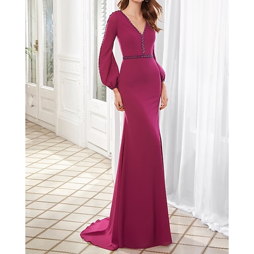 

Sheath / Column Mother of the Bride Dress Elegant V Neck Sweep / Brush Train Stretch Fabric Long Sleeve with Pleats 2022