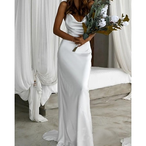 

Sheath / Column Wedding Dresses V Neck Sweep / Brush Train Charmeuse Sleeveless Simple with 2022