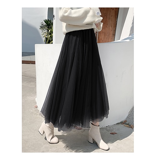 

Women's Flare Swing Chiffon Almond Pink Purple Gray Skirts Summer Mesh Layered Lined Mid Waist Princess Lolita Elegant Glamour Birthday Tea Party S M L