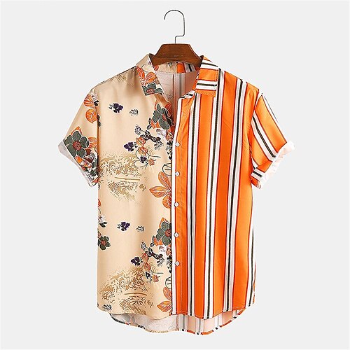 Men's Shirt Other Prints Striped Plants Button-Down Print Short Sleeve Daily Tops Casual Hawaiian Orange / Summer