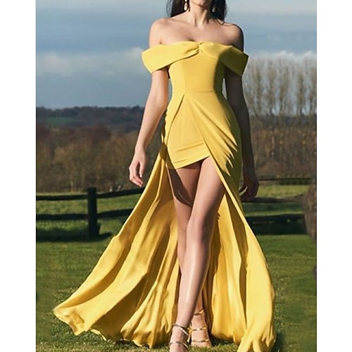 

Sheath / Column Evening Dresses Minimalist Dress Engagement Asymmetrical Sleeveless Off Shoulder Satin with Slit 2022 / Formal Evening