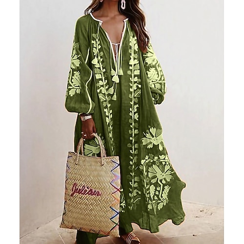 

Women's Casual Dress Swing Dress Long Dress Maxi Dress Green Blue Khaki Long Sleeve Floral Patchwork Fall Spring V Neck Winter Dress Fall Dress Loose Fit 2023 S M L XL XXL 3XL