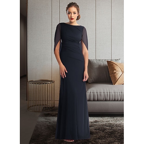 

Sheath / Column Mother of the Bride Dress Elegant Jewel Neck Ankle Length Chiffon Half Sleeve with Pleats Ruching 2022 / Split
